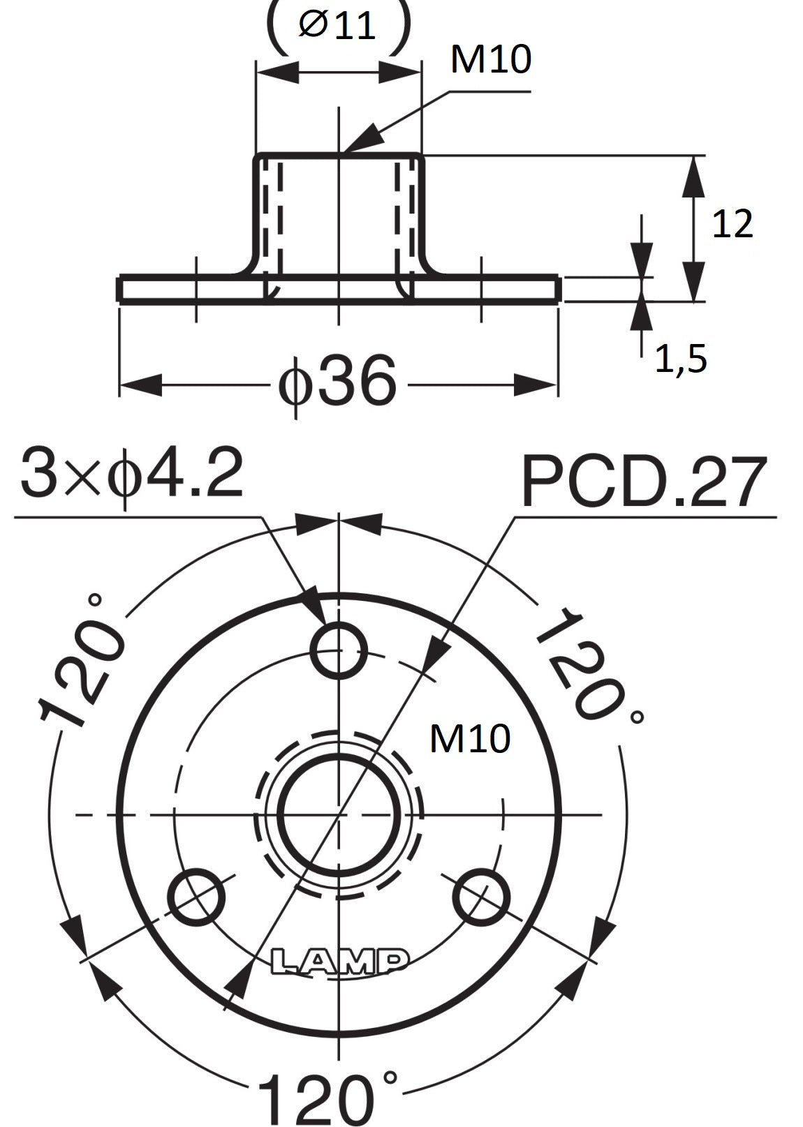 4 pieces round mounting plates with M10 thread, fastening plate, made of stainless steel, 36 mm (1.5"), AP36-M10. Screw-on plate, for furniture feet, furniture casters, machine feet, cabinet legs, sofa feet, and much more, from Sugatsune / LAMP® (Japan)