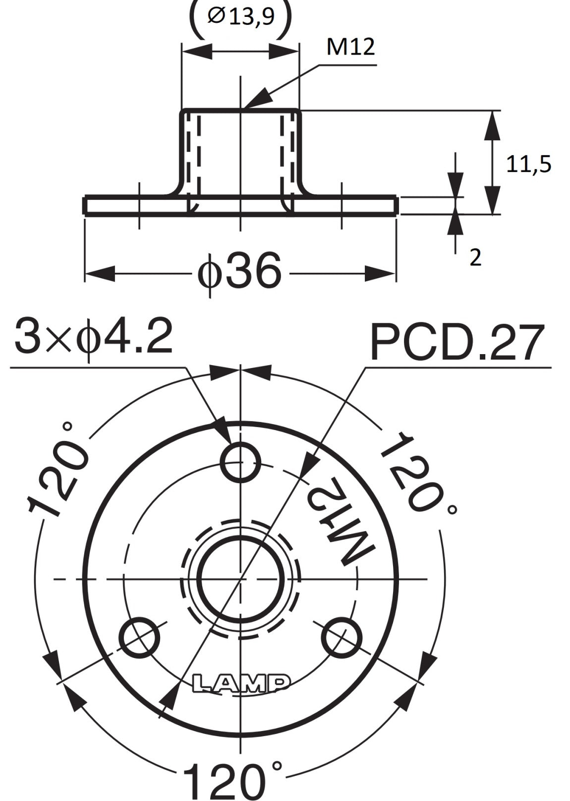 4 pieces round mounting plate with M12 thread, fastening plate, made of stainless steel, 36 mm (1.5"), AP36-M12. Screw-on plate, for furniture feet, furniture casters, machine feet, cabinet legs, sofa feet, and much more, from Sugatsune / LAMP® (Japan)