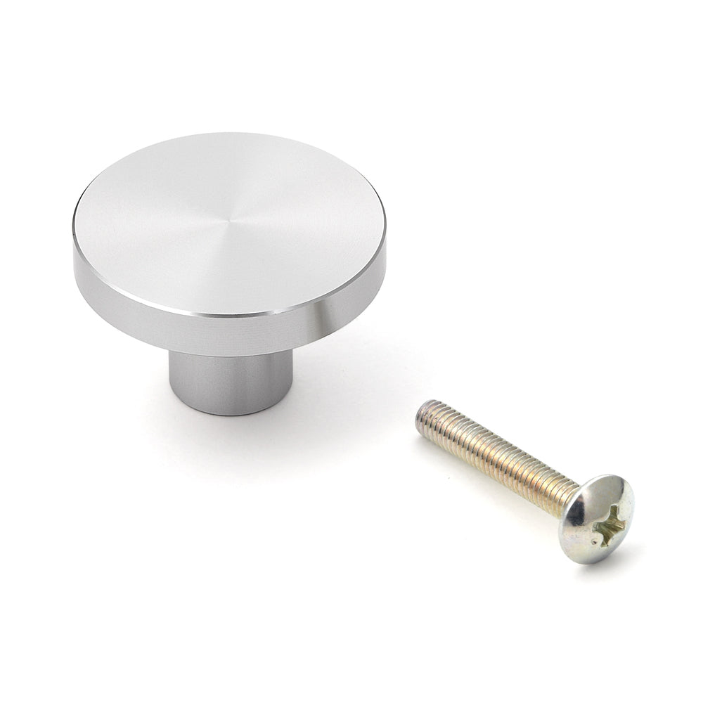 Round aluminum alloy furniture knob handle, surface: stainless steel look, 30 mm (1.2") EXSEL30. Aluminum alloy handle knob for drawers, furniture doors, kitchen cabinets, office cabinets, and much more, from Sugatsune / LAMP® (Japan)