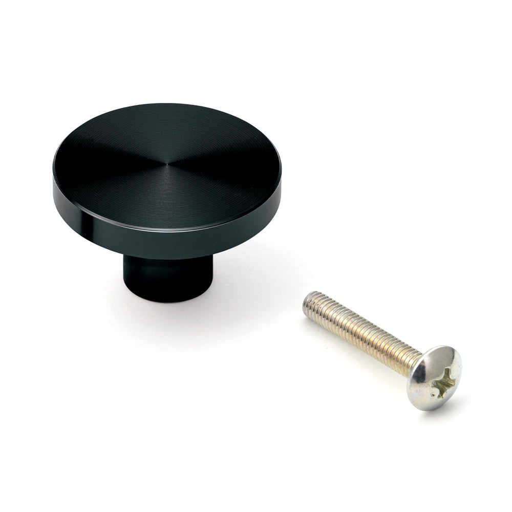 Round aluminum alloy furniture knob handle, finish: black, 30 mm (1.2") EXSEL30BL. Aluminum alloy handle knob for drawers, furniture doors, kitchen cabinets, office cabinets, and much more, from Sugatsune / LAMP® (Japan)