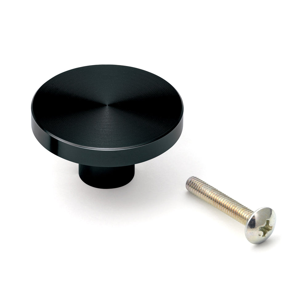 Round aluminum alloy furniture knob handle, finish: black, 35 mm (1.4") EXSEL35BL. Aluminum alloy handle knob for drawers, furniture doors, kitchen cabinets, office cabinets, and much more, from Sugatsune / LAMP® (Japan)