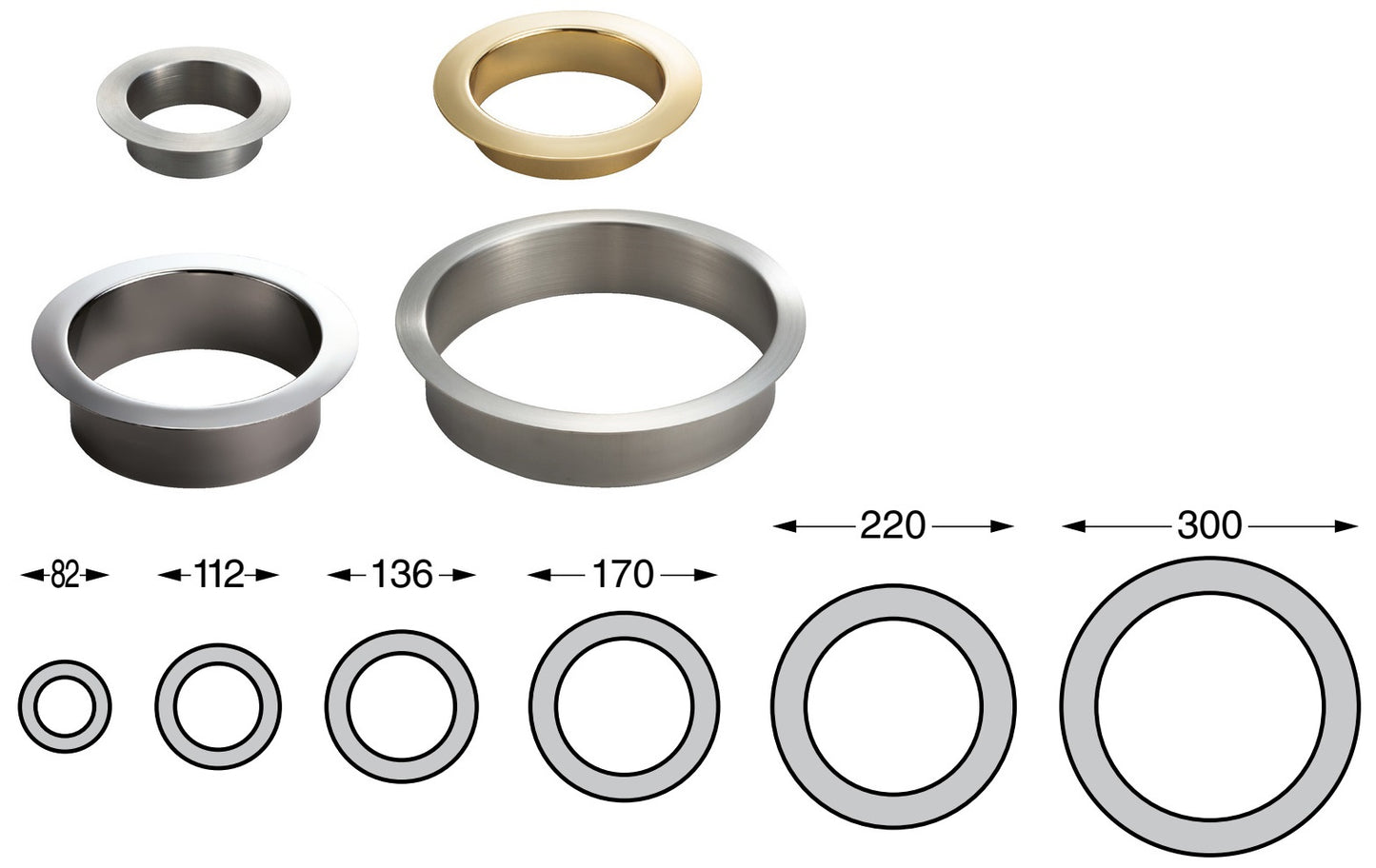 Hochwertiger runder Mülldurchwurf, aus rostfreiem Edelstahl, Oberfläche: vergoldet 24K, 112 mm (4,5″), Ausführung: flach, AN-LH008-GP. Edelstahlmülldurchwurf, für Systemgastronomie, Ladenbau, Catering und viel mehr, von Sugatsune / LAMP® (Japan)
