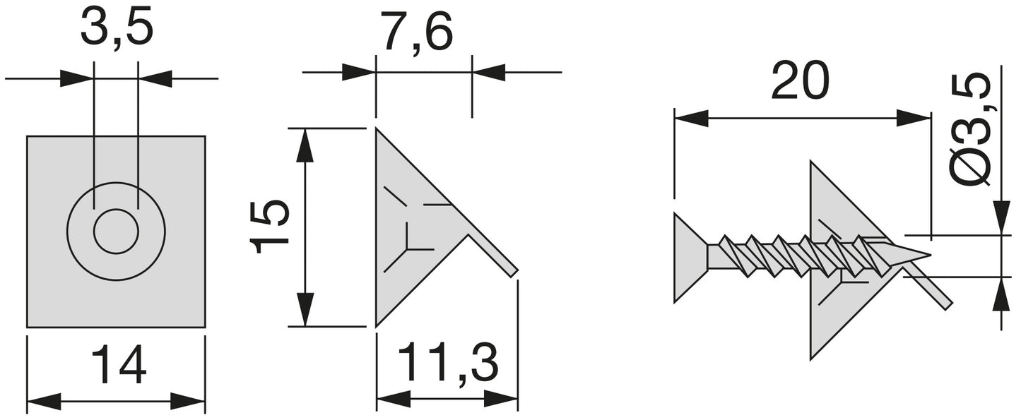 20 pieces of cabinet back panel fasteners 9169715 triangular, with wedge, 15 mm (0.6"). Drawer wedge for securing cabinet back panels and drawer bottoms, from EMUCA