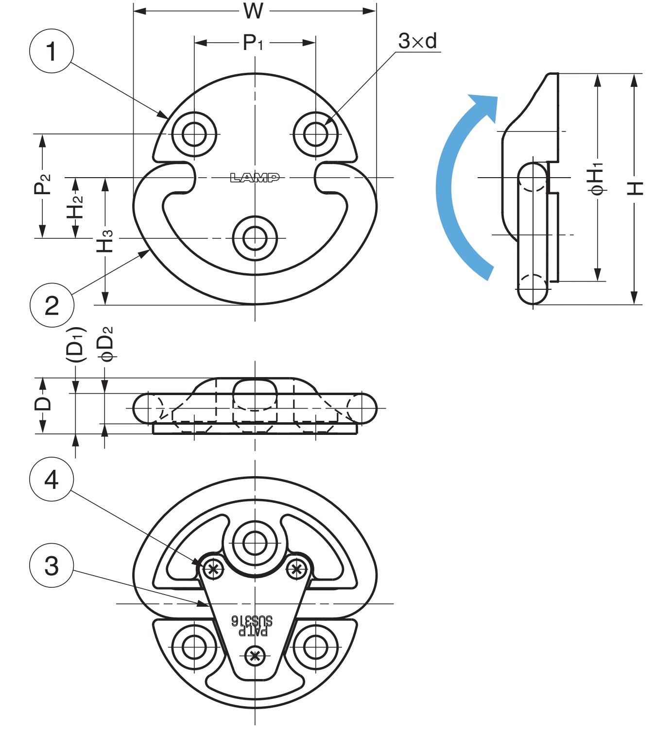 Heavy-duty folding padeye made of SUS316 stainless steel, 94 mm (3.8"), EY-R80. Noiseless folding padeye made of V4A for shipbuilding, yachts, loop stops, outdoor use, humid environments, harsh environments, and much more, from Sugatsune / LAMP® (Japan)