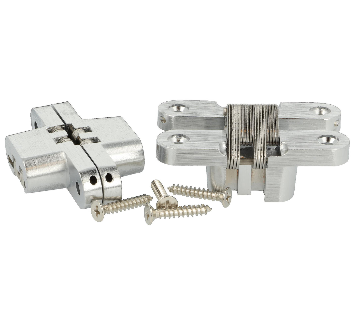 Two high-quality invisible cross hinges, 70 x 16 mm, made of Zamak, with a stainless steel look, including screws. Concealed furniture hinge from UMAXO®, folds 180°. Hidden furniture hinge (vici hinge) for recessed installation.