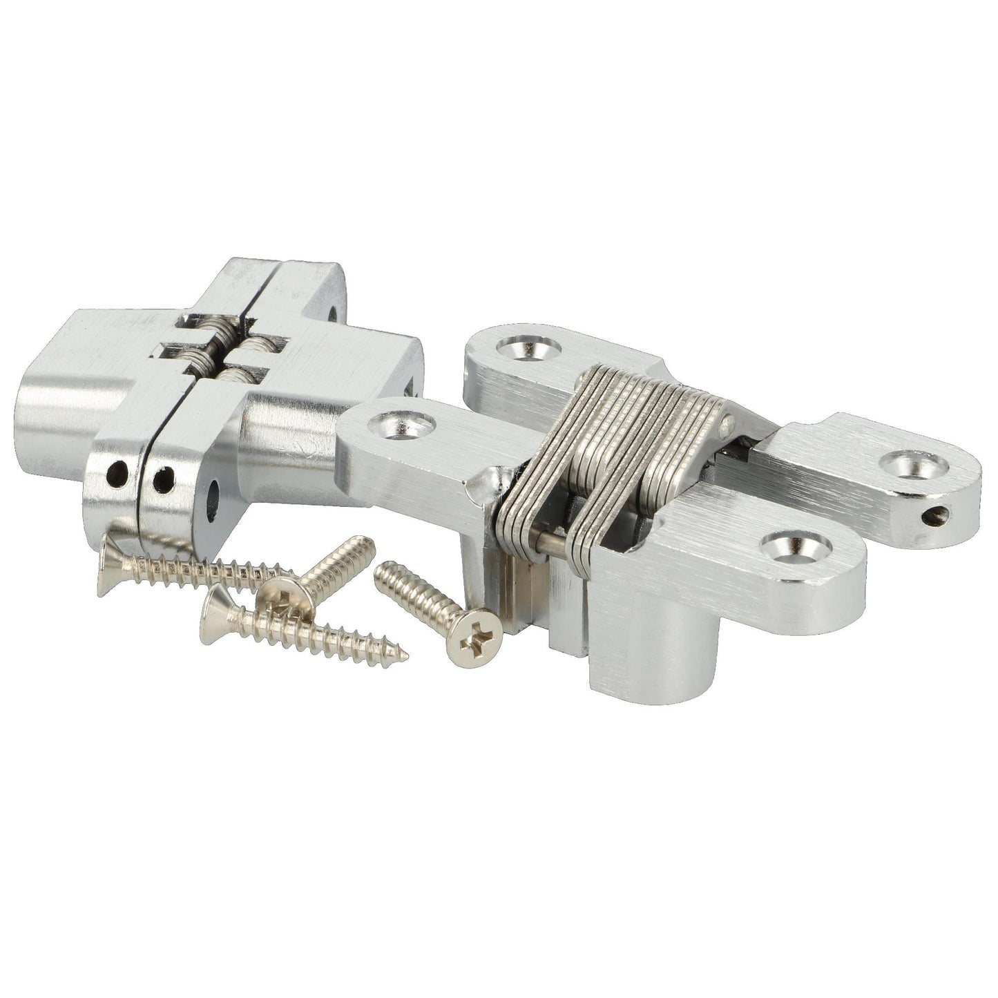 Two high-quality invisible cross hinges, 70 x 16 mm, made of Zamak, with a stainless steel look, including screws. Concealed furniture hinge from UMAXO®, folds 180°. Hidden furniture hinge (vici hinge) for recessed installation.