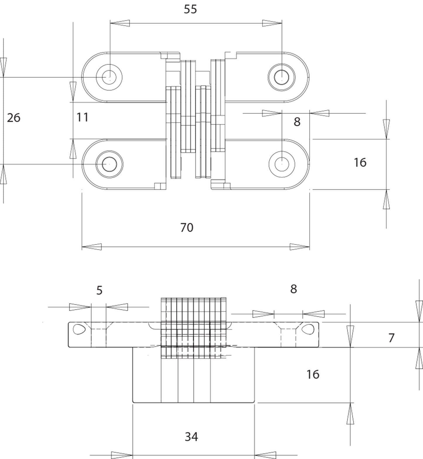 Two high-quality invisible cross hinges, 70 x 16 mm, made of Zamak, with a stainless steel look, including screws. Concealed furniture hinge from UMAXO®, folds 180°. Hidden furniture hinge (vici hinge) for recessed installation.