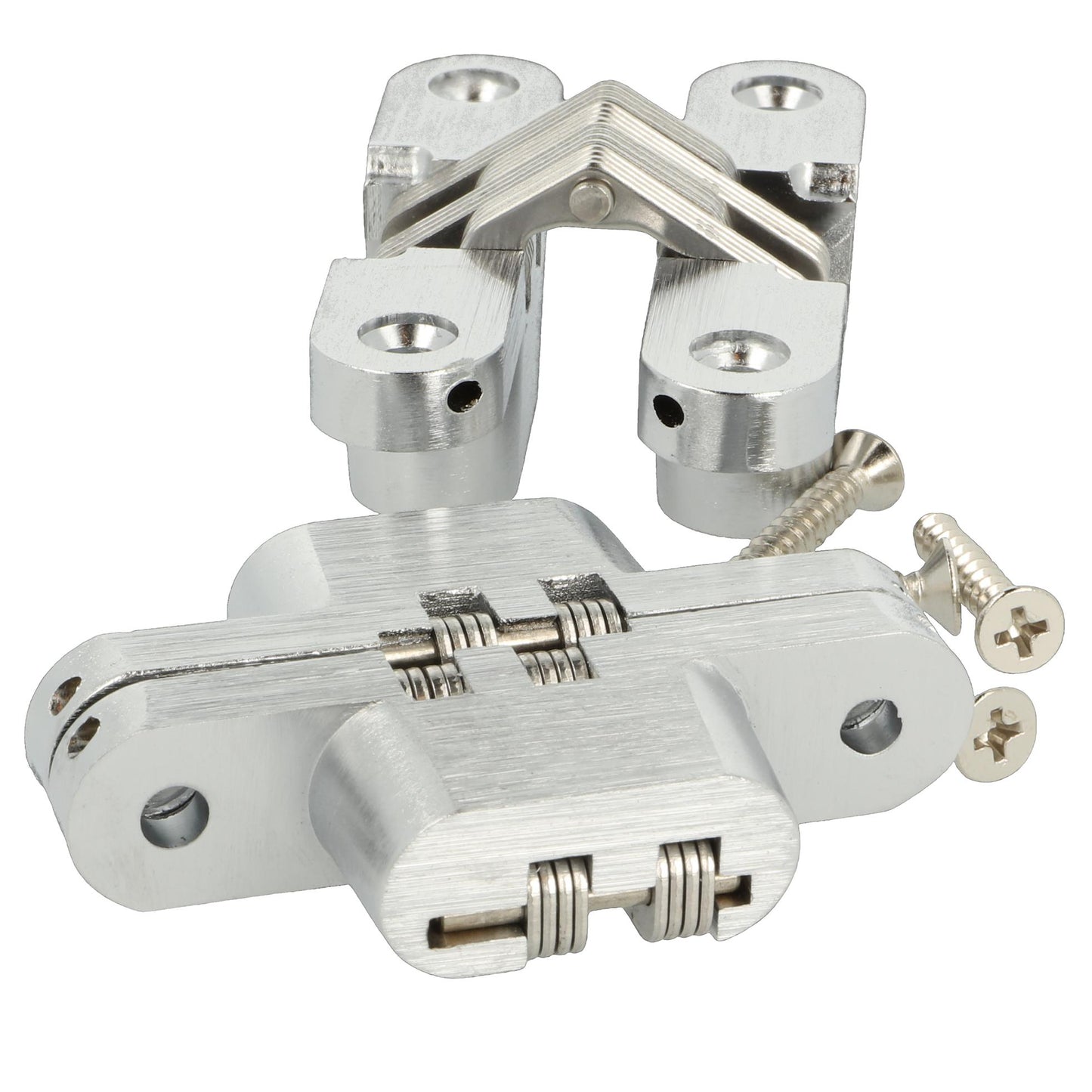 Two high-quality invisible cross hinges, 70 x 16 mm, made of Zamak, with a stainless steel look, including screws. Concealed furniture hinge from UMAXO®, folds 180°. Hidden furniture hinge (vici hinge) for recessed installation.