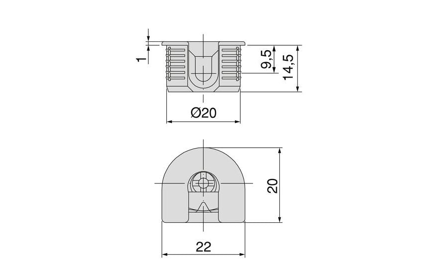 20 pieces of sturdy eccentric connection ⌀20 mm with flange and claw outer casing for panel thickness 19 mm (3/4″), made of Zamak, 8070907 for furniture connection