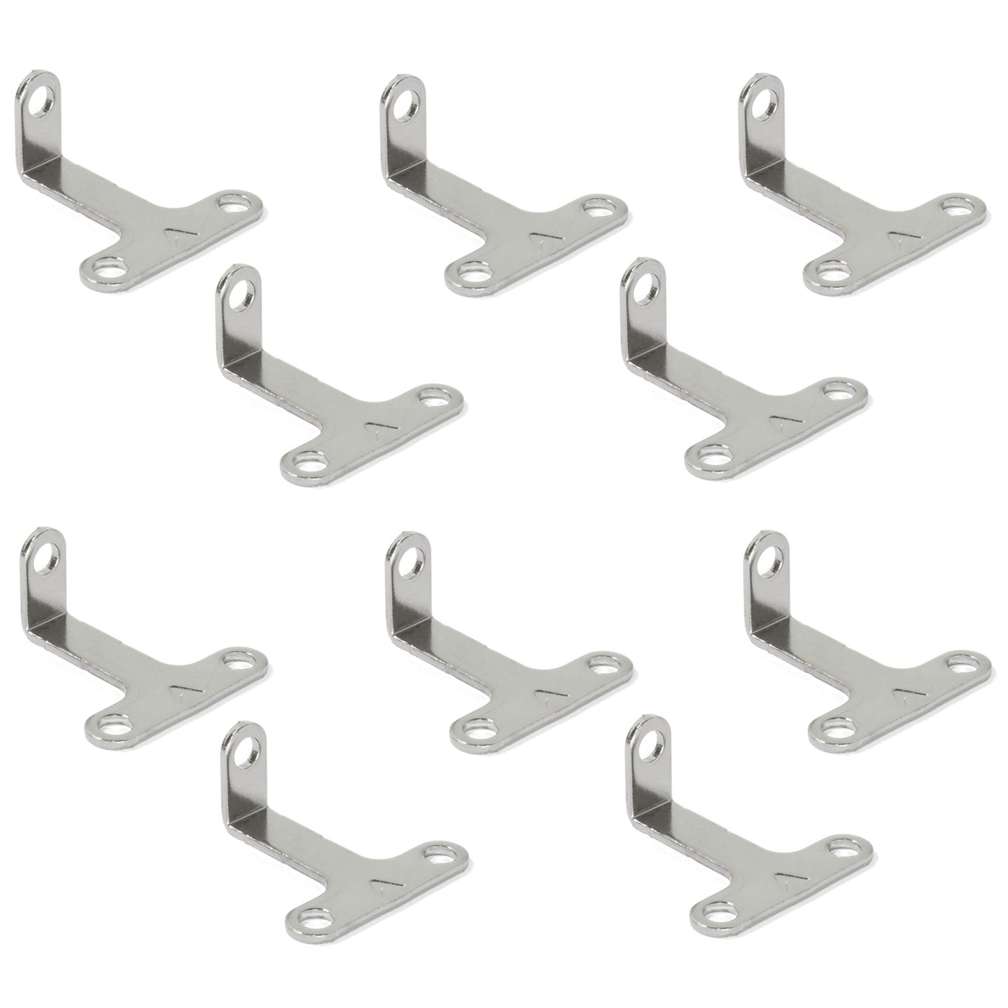 10 pieces of sturdy T-shaped angle brackets with three connecting holes made of robust steel, nickel-plated finish, 43 mm (1.7") 8030907. Mounting bracket E.FB.32 for shelves, bookcases, tables, cabinets, and much more, by EMUCA