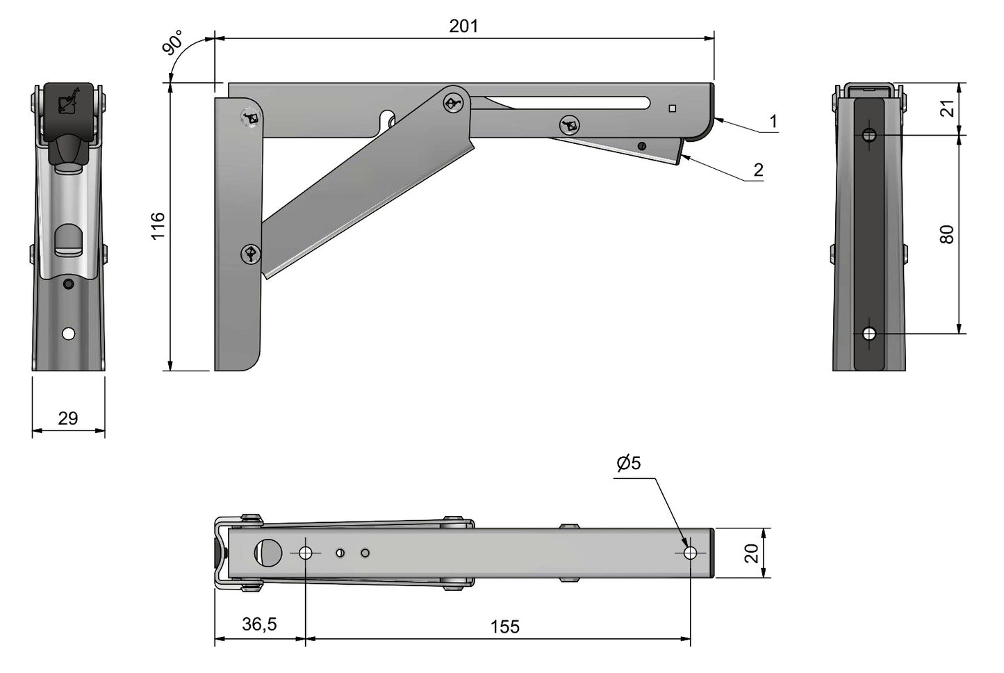 Two high-quality, heavy-duty EB-200 stainless steel folding table supports. A pair of folding brackets with a load capacity of up to 175 kg. Folding table supports from ROCA/Sugatsune