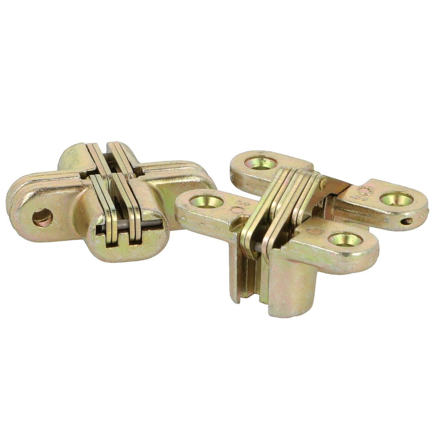 2 invisible cross hinges, 44 mm, made of Zamak. Hidden furniture hinges from UMAXO®, foldable 180°. Concealed furniture hinge, yellow galvanized, for recessed installation.
