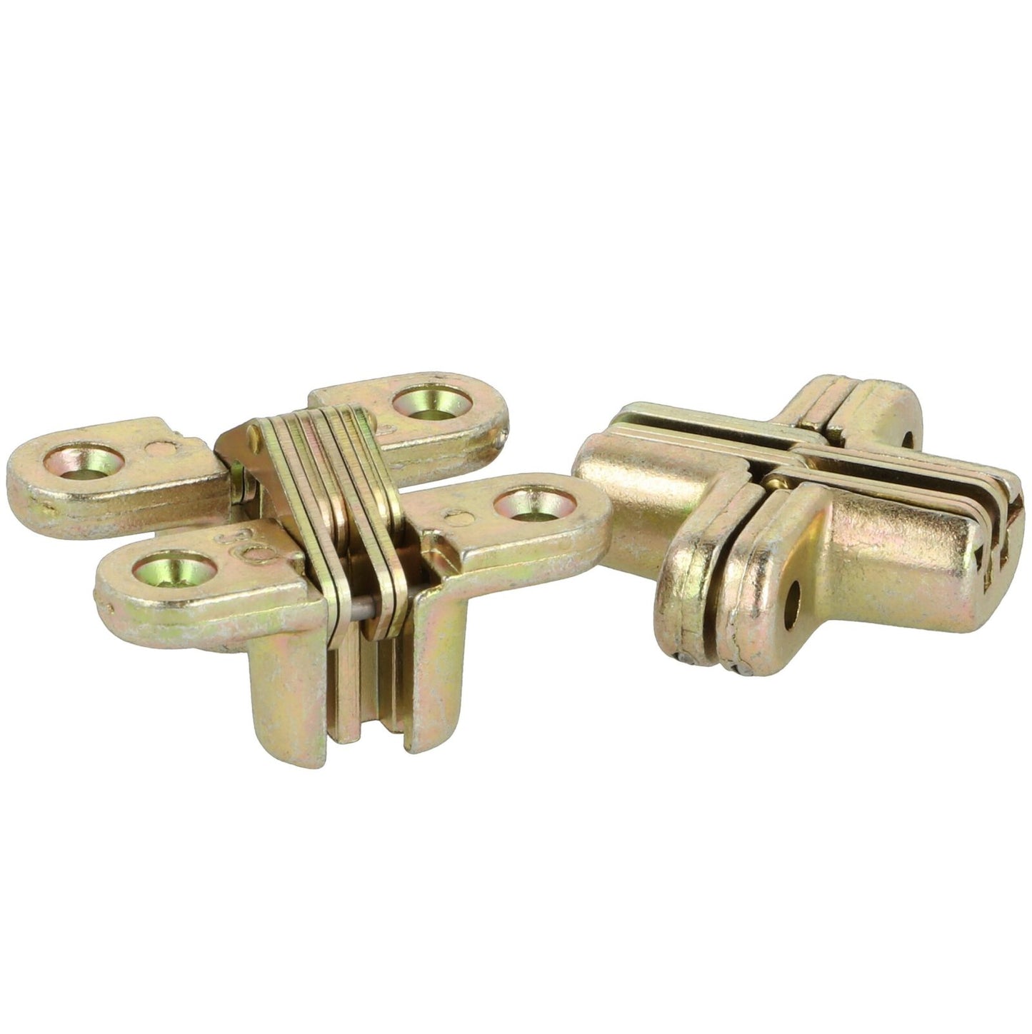 2 invisible cross hinges, 44 mm, made of Zamak. Hidden furniture hinges from UMAXO®, foldable 180°. Concealed furniture hinge, yellow galvanized, for recessed installation.