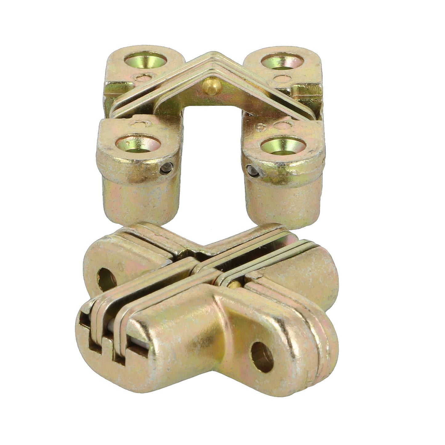 2 invisible cross hinges, 44 mm, made of Zamak. Hidden furniture hinges from UMAXO®, foldable 180°. Concealed furniture hinge, yellow galvanized, for recessed installation.