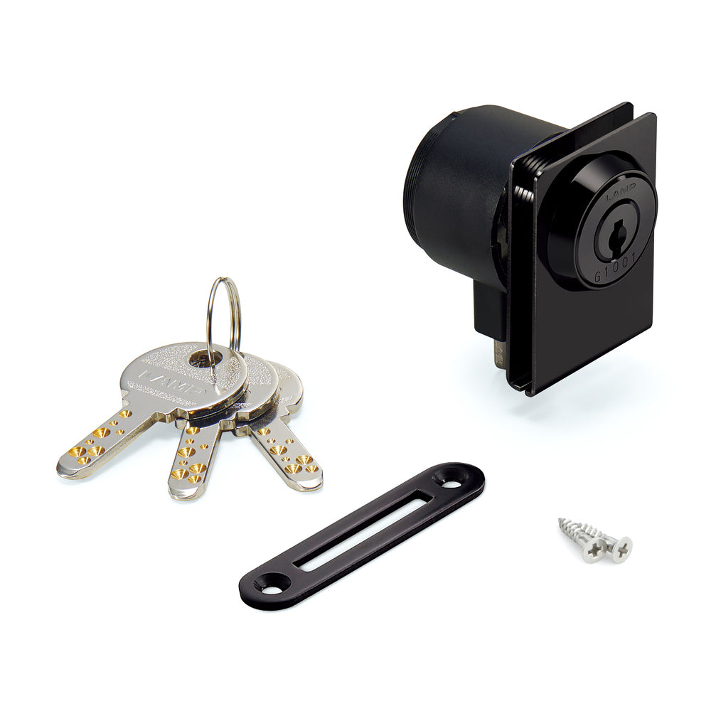 Serrure à levier pour portes vitrées, série Million Lock, à clé différente 1310GL-SQ-BL-B, par Sugatsune / LAMP (Japon)