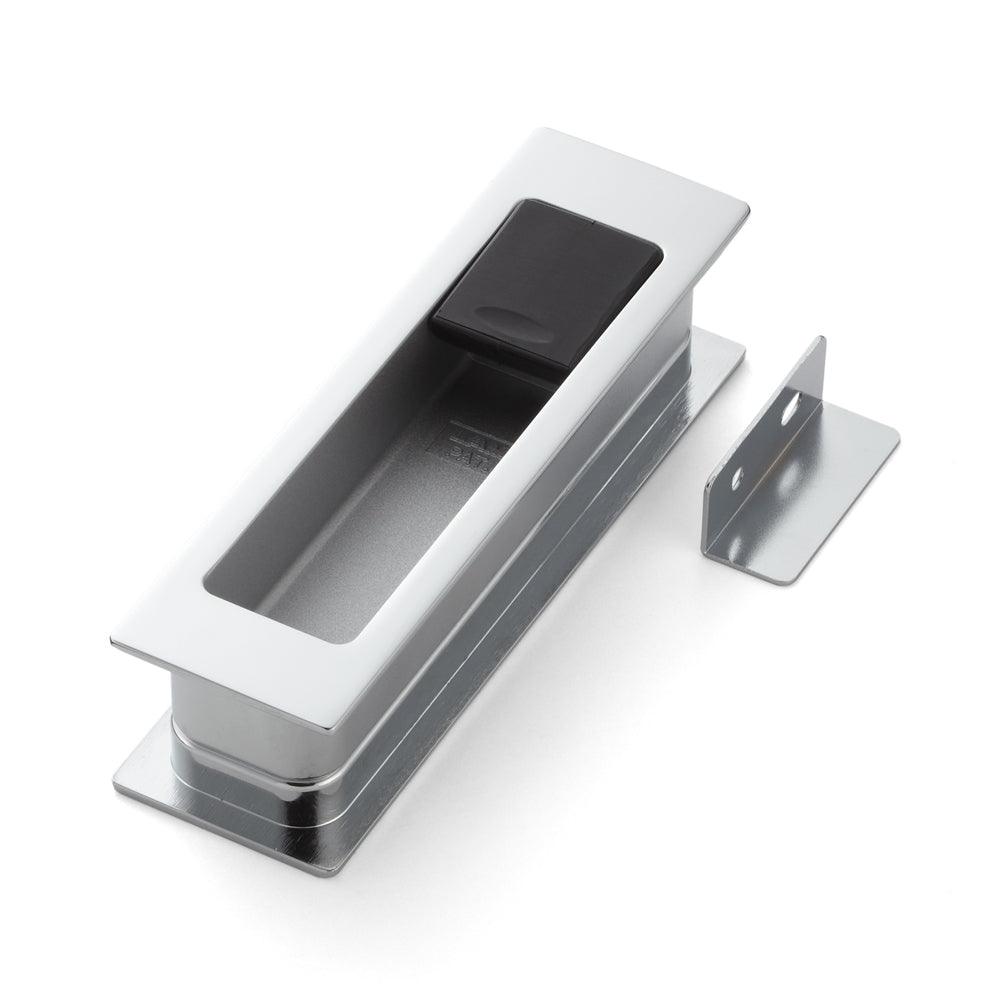 Zinc alloy flush pull with integrated fold-out door stop, chrome-plated finish, 135 mm (5.4") HH-P135CR. HH-P135CR flush pull with buffer for sliding doors, from Sugatsune / LAMP® (Japan)