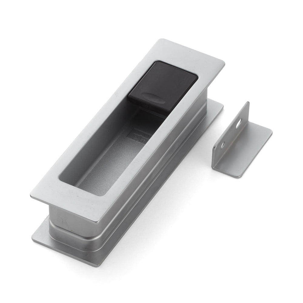 Zinc alloy flush pull handle with integrated fold-out doorstop, finish: chrome-plated, satin matt, 135 mm (5.4") HH-P135DC. HH-P135DC flush pull handle with buffer for sliding doors, from Sugatsune / LAMP® (Japan)