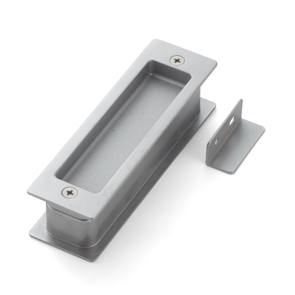 Zinc alloy flush pull handle with integrated fold-out doorstop, finish: chrome-plated, satin matt, 135 mm (5.4") HH-P135DC. HH-P135DC flush pull handle with buffer for sliding doors, from Sugatsune / LAMP® (Japan)