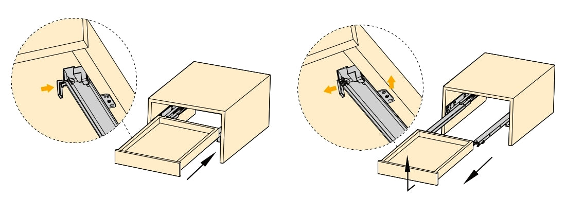 Underfloor guides, load capacity: 25 kg (56 lbs), 250 mm (9-27/32″), partial extension with push-to-open, 3123005 for wooden drawer, wooden drawer, wooden shelf