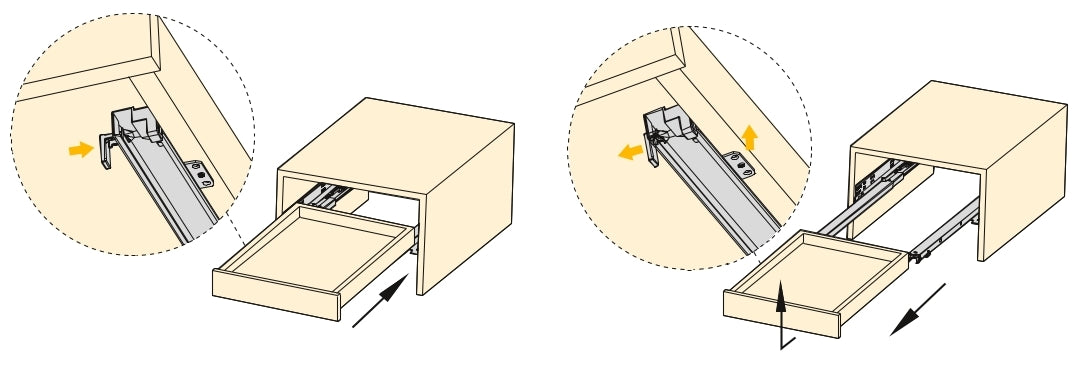 Underfloor guides, load capacity: 25 kg (56 lbs), 400 mm (15-3/4″), partial extension with soft-close, 3019305 for wooden drawer, wooden drawer, wooden shelf