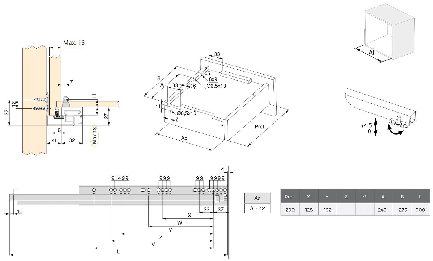 Underfloor guides, load capacity: 30 kg (67 lbs), 300 mm (11-13/16″), full extension with soft-close, 3124105 for wooden drawer, wooden drawer, wooden shelf