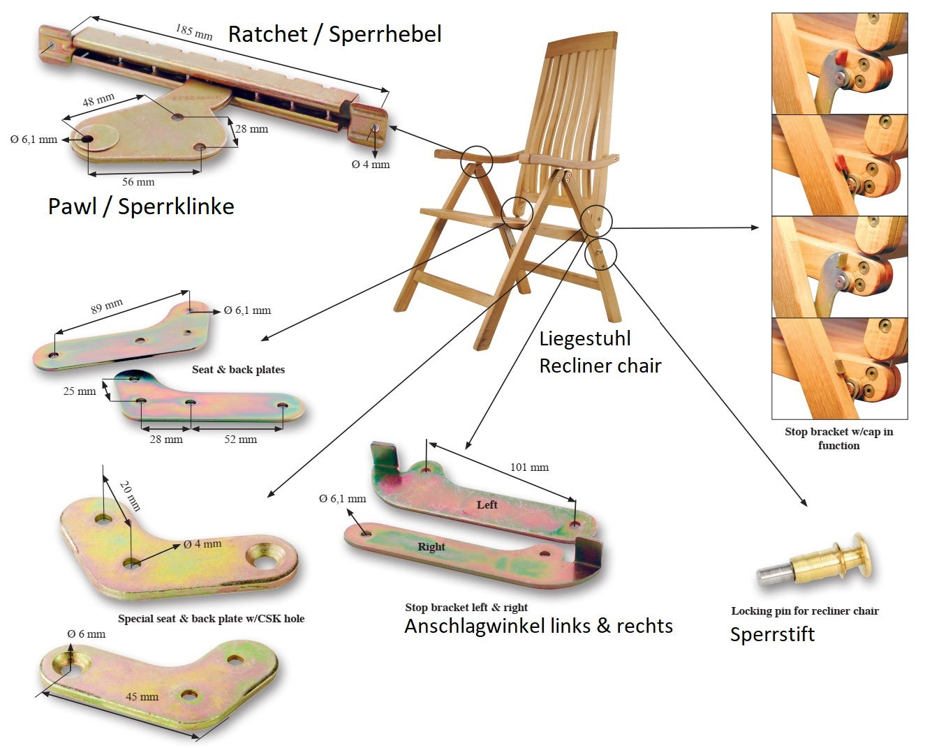 2 weather-resistant locking pawls, made of robust steel, galvanized, yellow, 04.05.015-2 (04.05.015). Latch levers for garden loungers, deck chairs, sun loungers, outdoor furniture, patio furniture, garden furniture, and much more, from SISO Denmark
