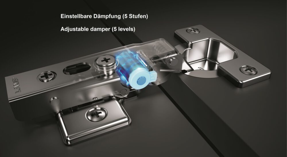 2 gedämpfte Möbelscharniere mit einstellbarem Dämpfer inkl. Montageplatten. Topfband, Möbelband von LAMP® / Japan