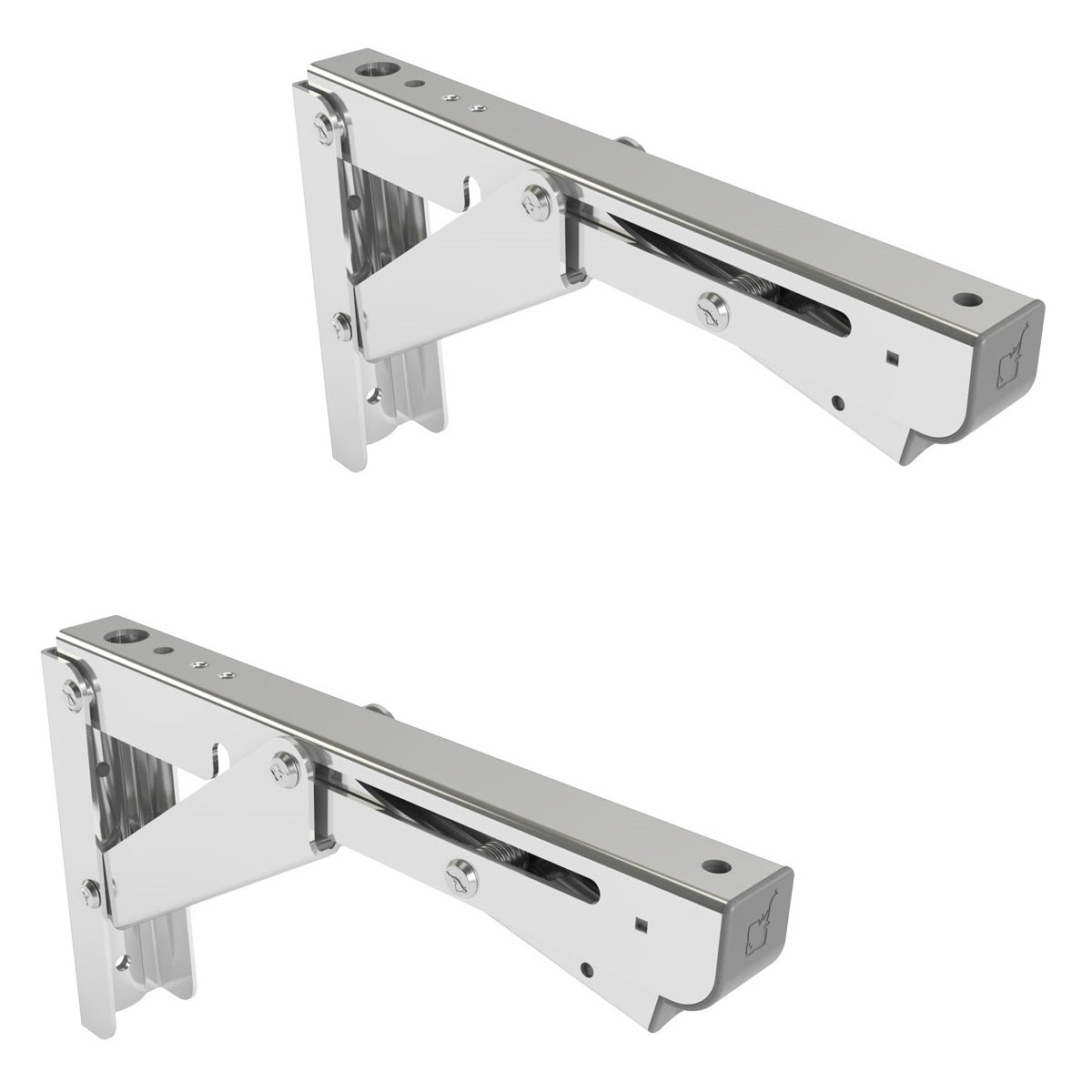 Two high-quality, heavy-duty EB-200 stainless steel folding table supports. A pair of folding brackets with a load capacity of up to 175 kg. Folding table supports from ROCA/Sugatsune