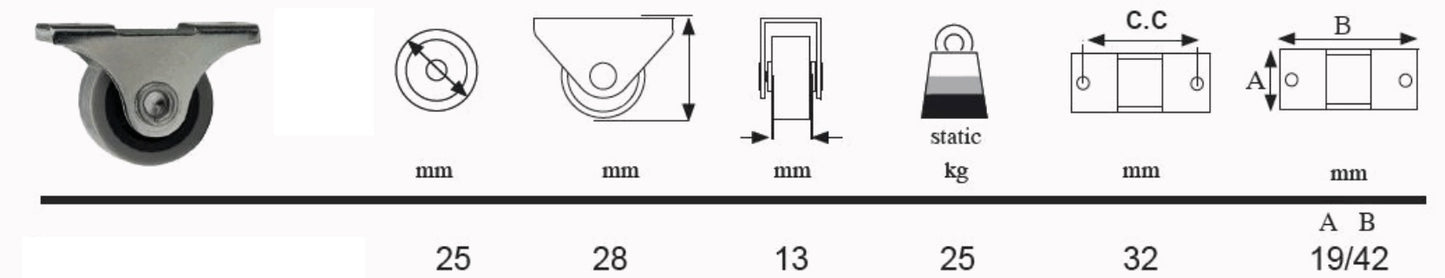 4 Stück Möbelrollen, aus robustem Polyurethan, Oberfläche: grau, 25 mm (1″), 08.06.040-0. Rollensatz für Unterbettkommode, Spielzeugbox, Kiste, Kasten, Geräte, Möbel und viel mehr, von SISO Denmark