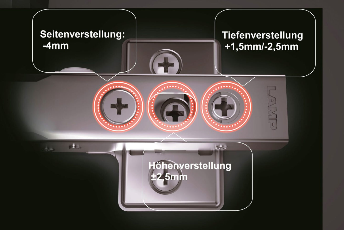 2 gedämpfte Möbelscharniere mit einstellbarem Dämpfer inkl. Montageplatten. Topfband, Möbelband von LAMP® / Japan