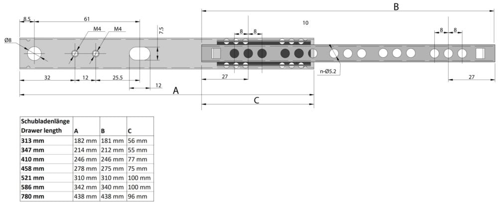 2er Set (1 Paar) Schubladenschienen 17mm Nut, Schubladenauszüge. Schubladen Teilauszüge, Hochwertige Schienen für Schubladen, Schubladen Schienensystem von UMAXO®