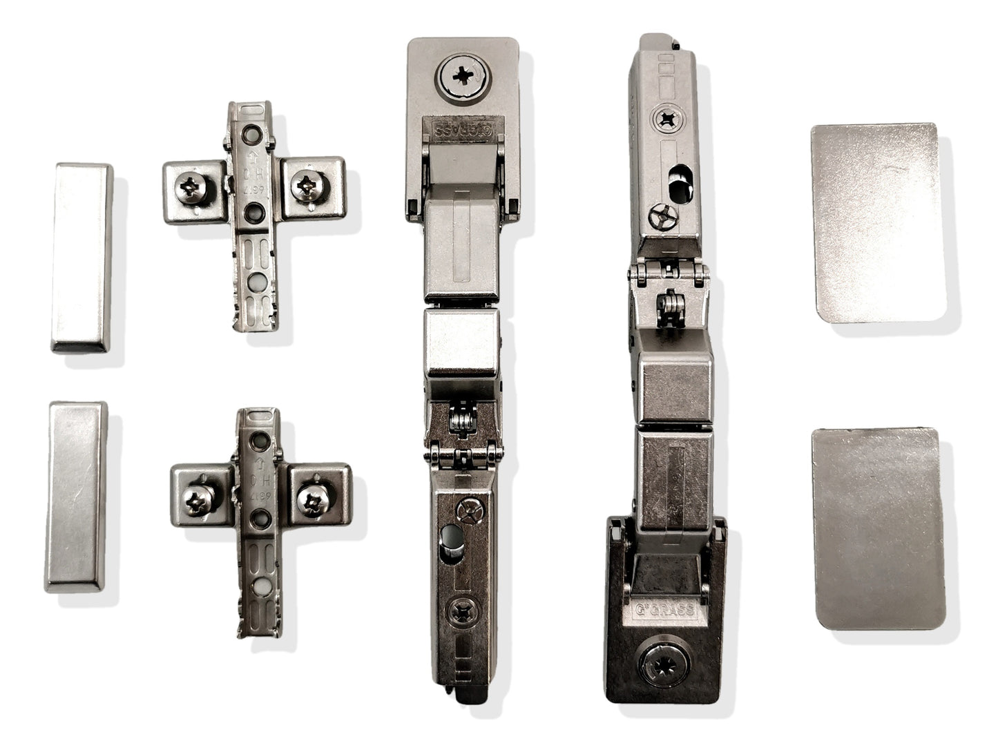 2 GRASS Tiomos Mirro glass hinges, mirror hinges with integrated soft-close. SET: 2 hinges, 2 glass adapters, 2 mounting plates, 2 cover caps
