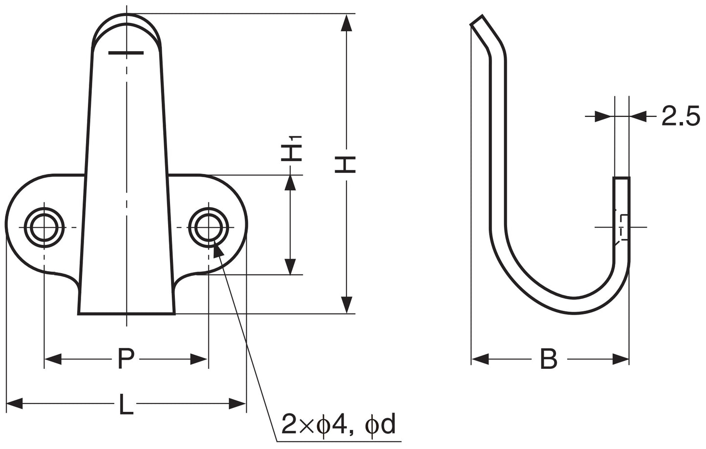 Haken aus Edelstahl V2A (SUS304, 1.4301), gebürstet. Auch als Griff einsetzbar. Von Sugatsune / LAMP® (Japan), 2H