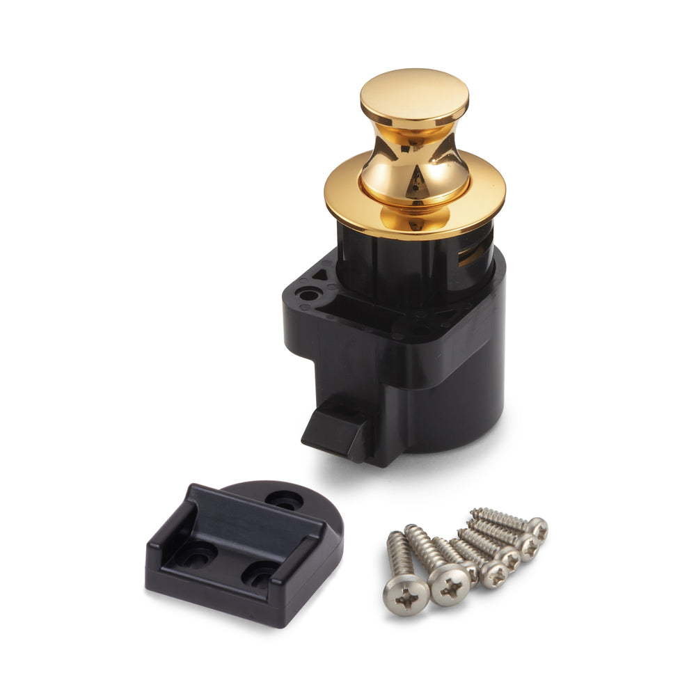 High-quality snap fastener with handle function, made of zinc alloy (ZDC), surface: gold-colored, glossy polished, design: round, DPL-RO-G. Solid snap fastener for motorhomes, caravans, and much more, from Sugatsune / LAMP® (Japan)