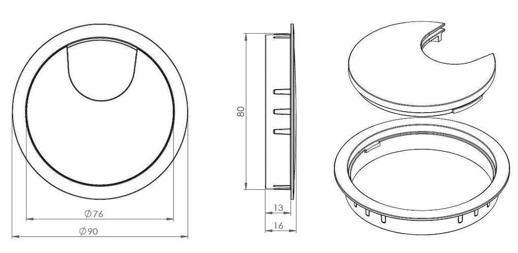 Hochwertige massive Kabeldurchführung aus Zamak, Ø80 mm für Schreibtisch mit Bürstendichtung, Oberfläche: Schwarz. Tisch-Kabelführung Kabeldurchlass von SISO / Dänemark