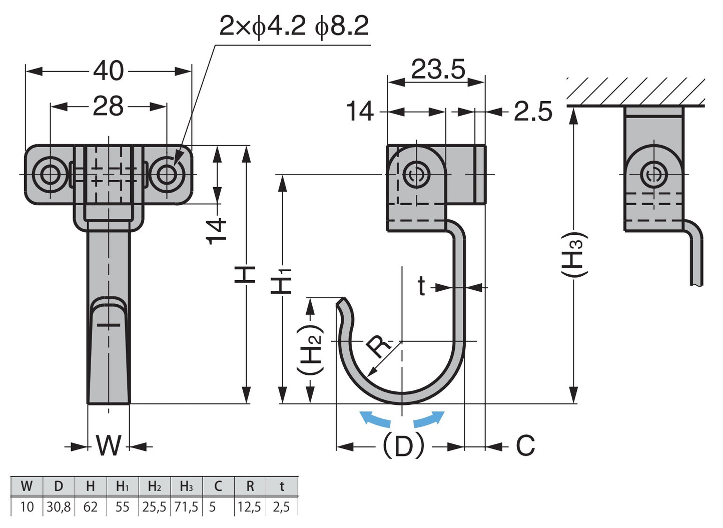 Hochwertiger schwenkbarer Haken aus Edelstahl für Wand- und Deckenmontage, groß. Edelstahlhaken UC-055 von Sugatsune / Lamp (Japan)