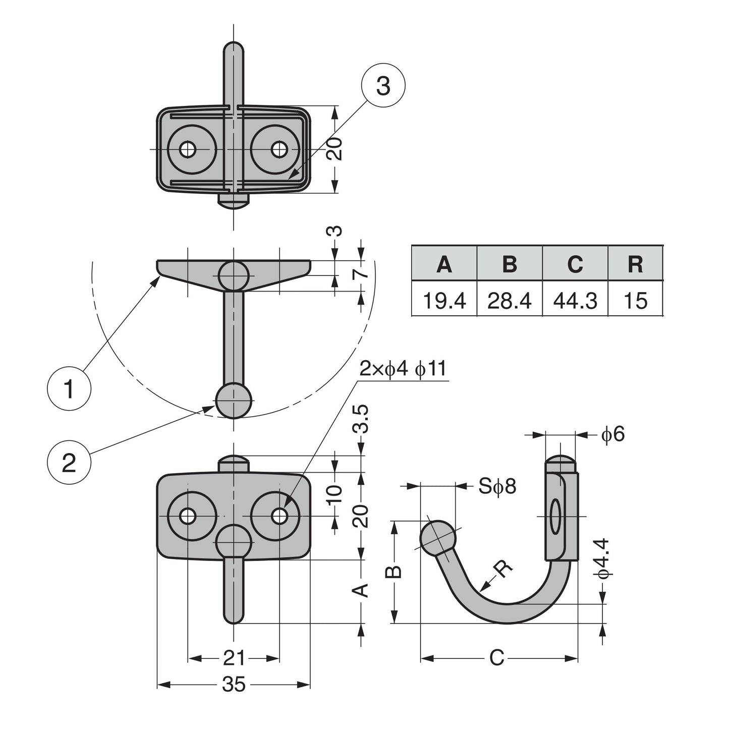 Two high-quality, large, stainless steel swivel hooks for wall mounting. Also suitable for RVs and boats. Stainless steel hook TK-45 from Sugatsune / Lamp (Japan)