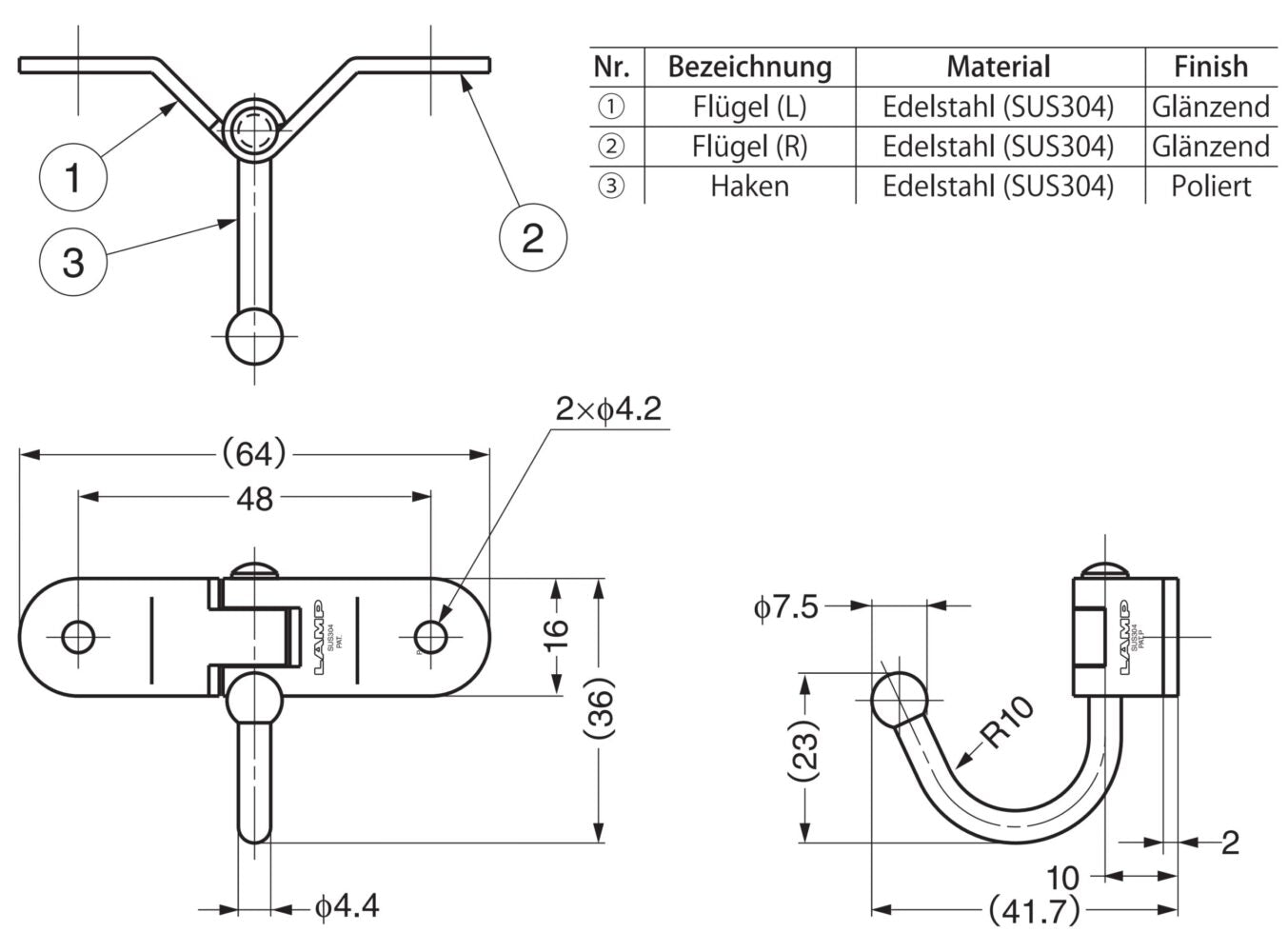 Flexibler schwenkbarer Edelstahl-Haken mit Kugel für ebene Fläche, Ecke oder Kante. Edelstahlhaken TZ-360 von Sugatsune / Lamp (Japan)