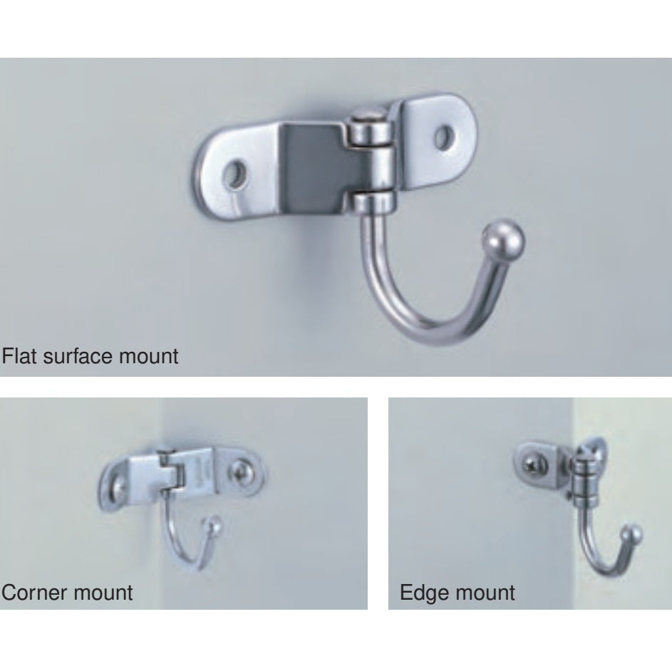 Flexibler schwenkbarer Edelstahl-Haken mit Kugel für ebene Fläche, Ecke oder Kante. Edelstahlhaken TZ-360 von Sugatsune / Lamp (Japan)