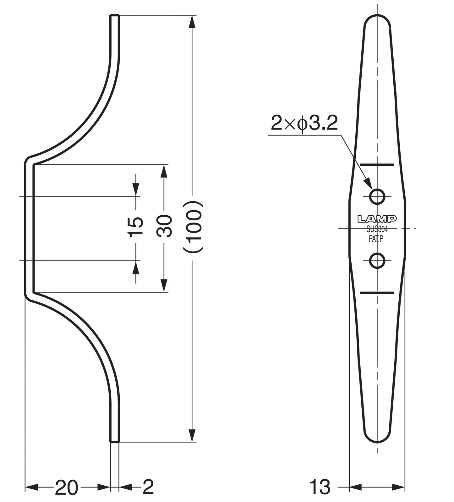 High-quality double hook made of V2A stainless steel for wall mounting, suitable for winding ropes. Stainless steel hook RB-102 from Sugatsune / LAMP® (Japan)