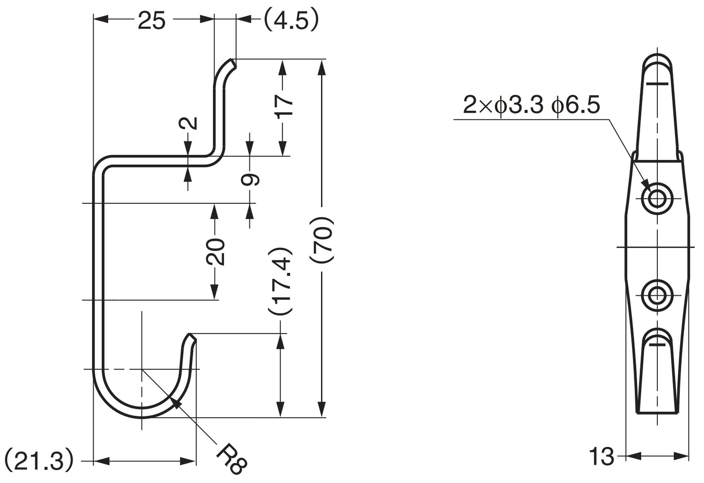 High-quality double hook made of V2A stainless steel for wall mounting. Stainless steel hook RI-074 from Sugatsune / LAMP® (Japan)