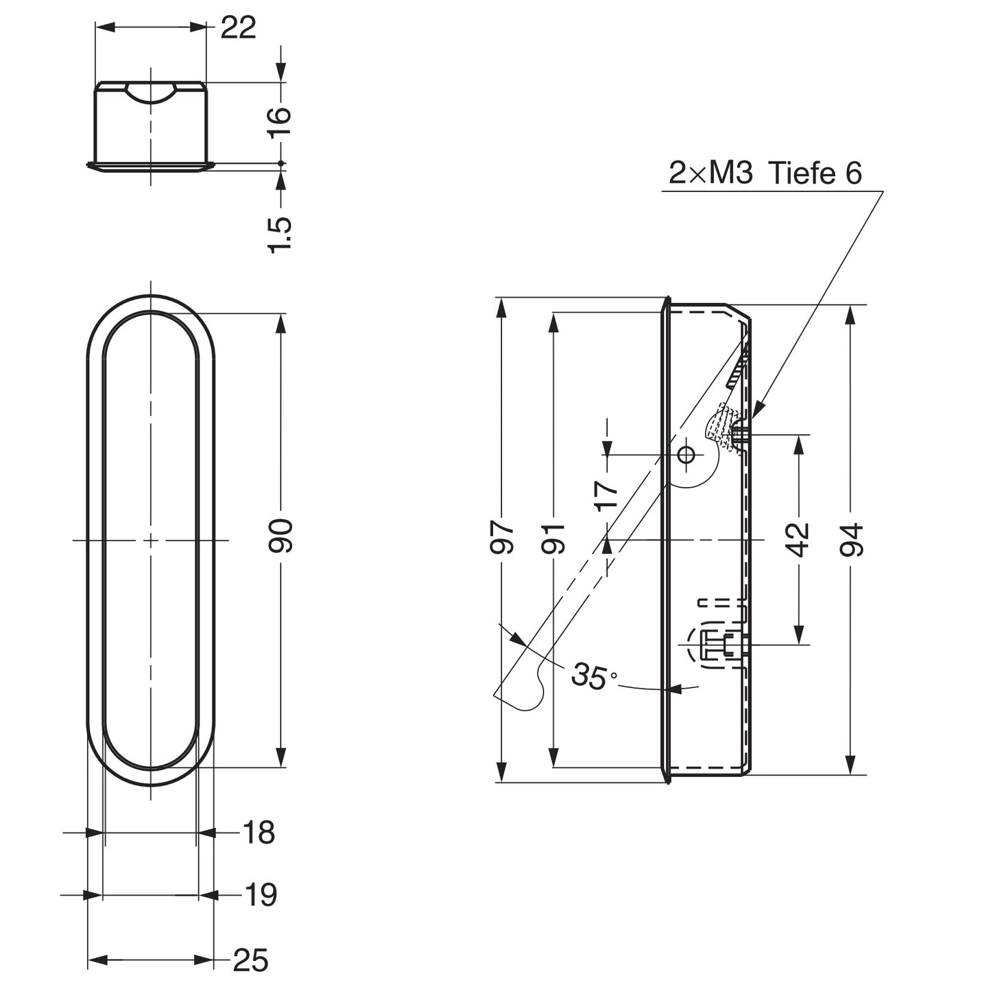 Hochwertiger Griff aus Zinkgusslegierung ZDC zum Einlassen. Einlassgriff FH-100AM-00 und FH-100BM-00 von Sugatsune / LAMP® (Japan)