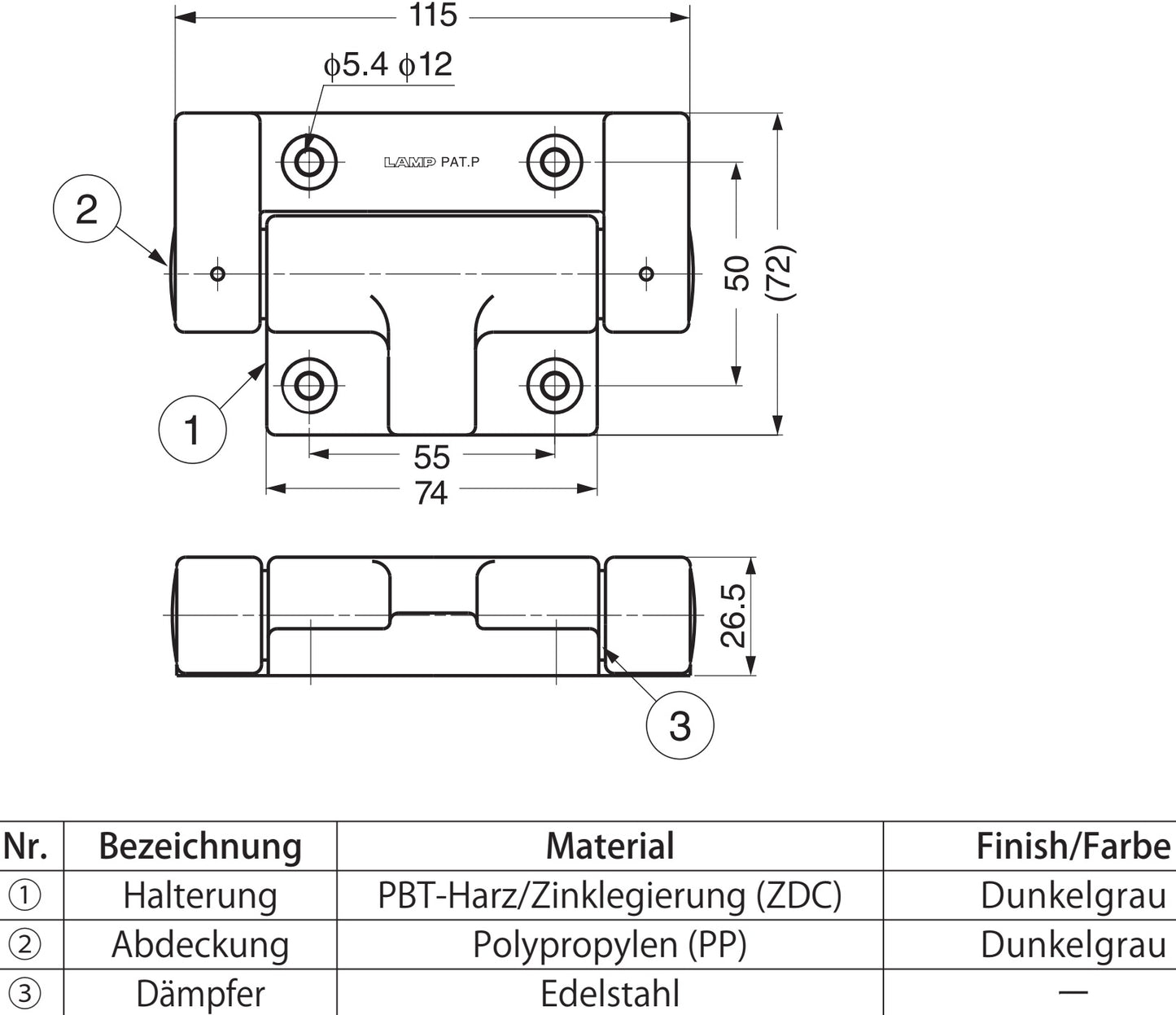 Gedämpftes Klappenscharnier HG-JHW50 und HG-JHW70 von Sugatsune / LAMP® (Japan)