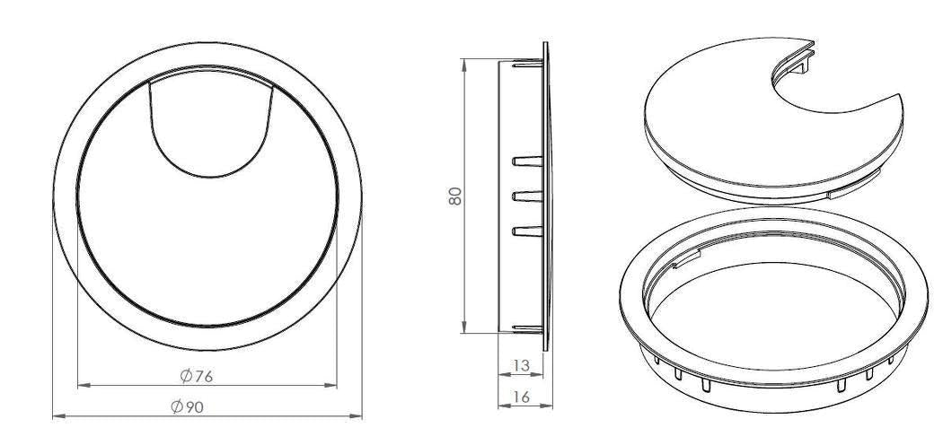 Hochwertige massive Kabeldurchführung aus Zamak, Ø80 mm für Schreibtisch mit Bürstendichtung, Oberfläche: Edelstahl-Optik. Tisch-Kabelführung Kabeldurchlass von SISO / Dänemark