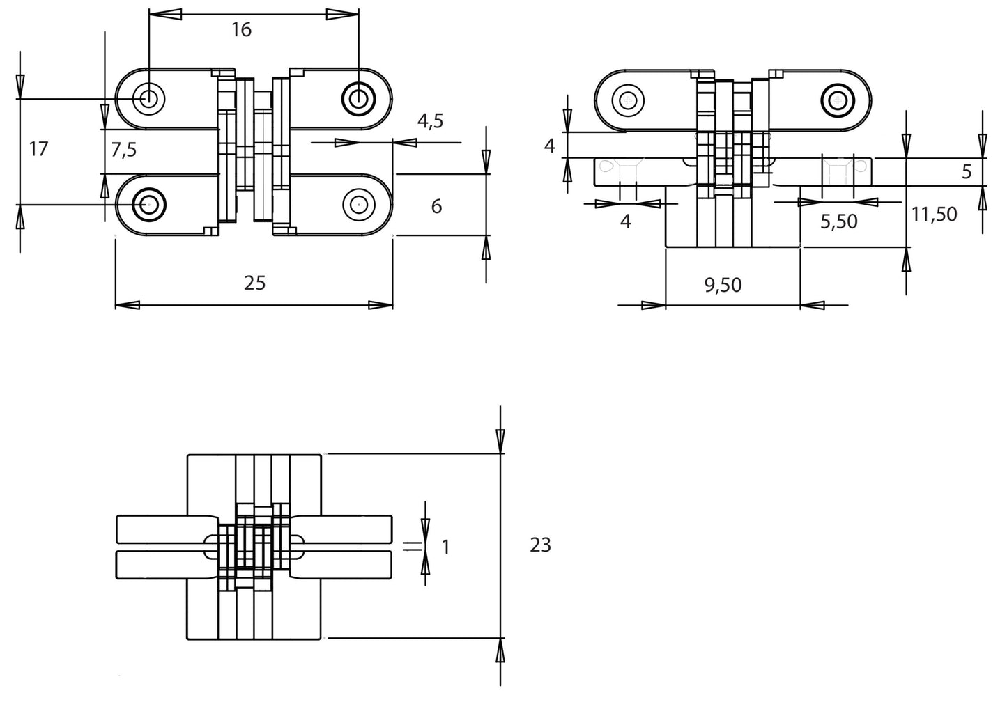 2 Stück unsichtbares Kreuz-Scharnier 25mm aus Zamak mit Edelstahl-Oberfläche. Verdecktes Möbelband von UMAXO®, 180° klappbar. Verstecktes Möbelscharnier zum einlassen