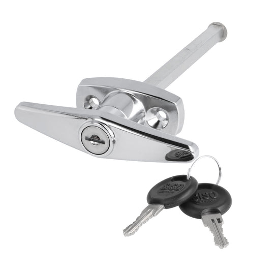 High-quality lockable garage door handle with locking cylinder, made of Zamak, with 8 mm square drive and two keys, for front mounting, keyed separately, 14.08.052-0. Zamak cross handle for garage doors and much more, from SISO Denmark