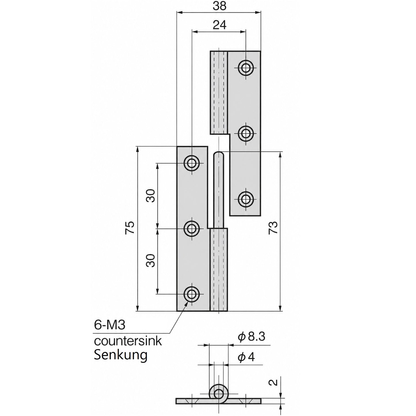 2 pieces high-quality lift-off hinge, made of stainless steel SUS304, load capacity: 15 kg, height: 75 mm (2-61/64″), right, B-1004-1-R for doors, maintenance flaps