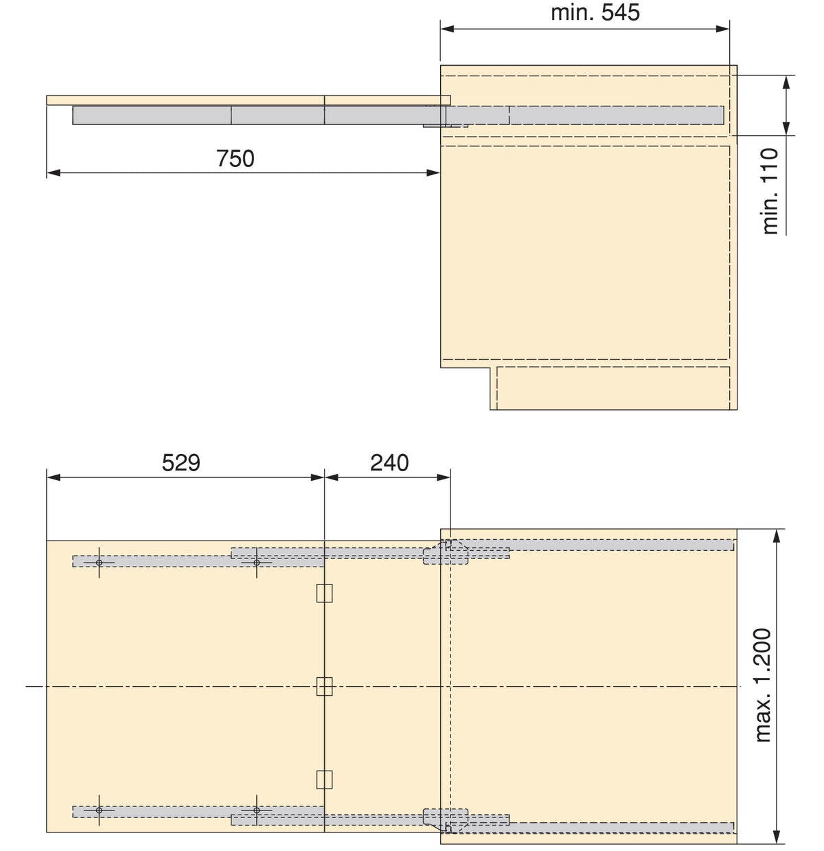 High-quality pull-out table fitting, load capacity: 60 kg, extension length: 750 mm, 2046369 for kitchen cabinets, kitchen base cabinets, kitchen furniture, pull-out tables, folding tables