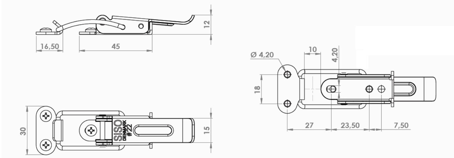 4 Stück Ausziehtischspannverschluss SUS304 (V2A) einstellbar, mit zwei Lagesicherungen, 70 mm (2,8″) 24.03.000-1. Spannverschluss Catch #22 aus SUS304 (V2A), glänzend poliert, für Ausziehtisch, Kiste, Instrumentenkoffer, Arbeitsplatte, von SISO Denmark