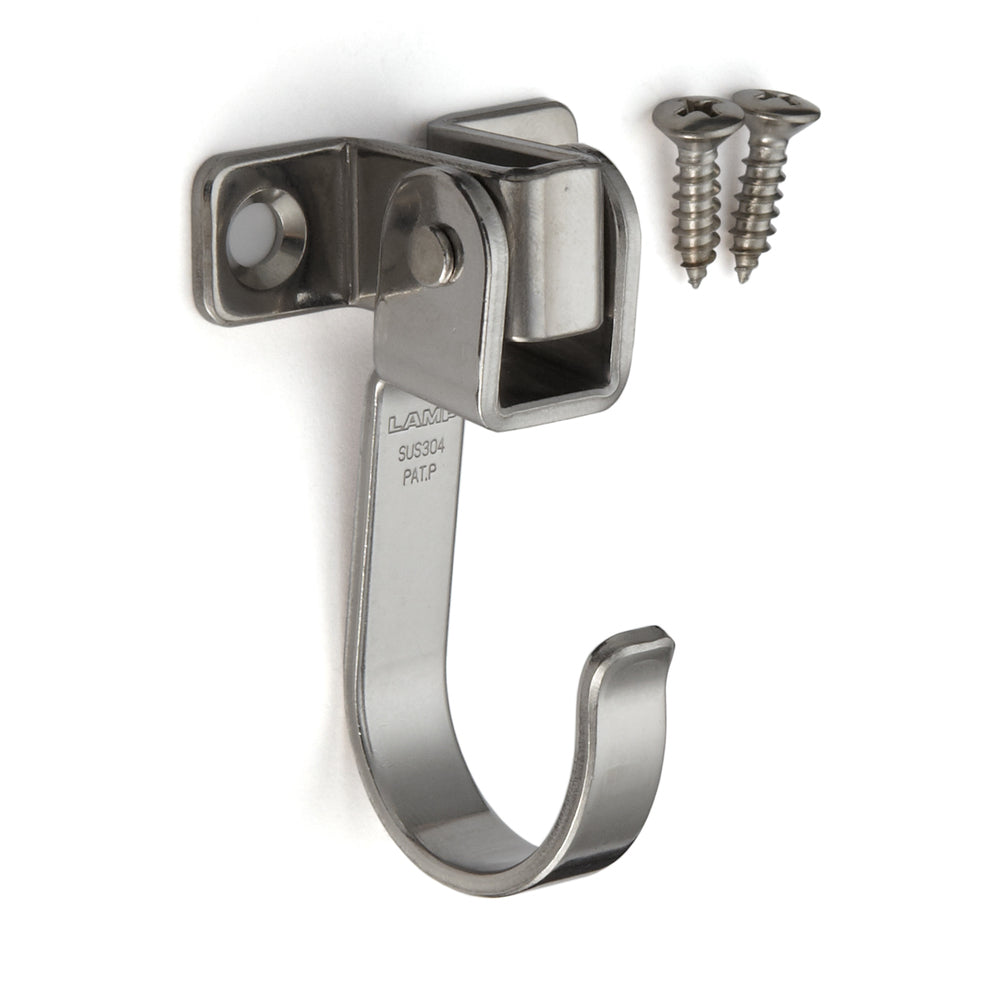 Movable stainless steel hook, surface: glossy polished, 62 mm (2.5"), UC-055. Swing hook for walls, ceilings, bathrooms, outdoors, swimming pools, and much more, by Sugatsune / LAMP® (Japan)
